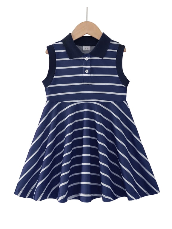 Little Girls Clothes Little Girls Polo Dress 5T Girls Summer Casual Dress 6Y Girls Lapel Sleeveless Stripe Dress Dark Blue