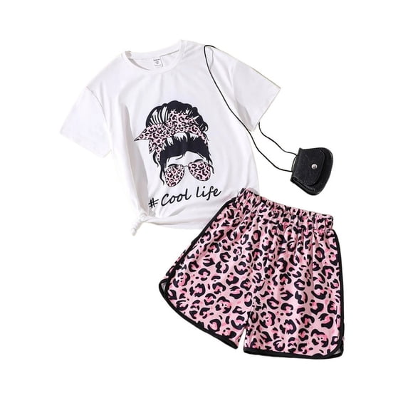 Little Girls Clothes Portrait Pattern T-shirt + Leopard Pattern Shorts Set 2PCs Spring Summer Big Kids Outfits