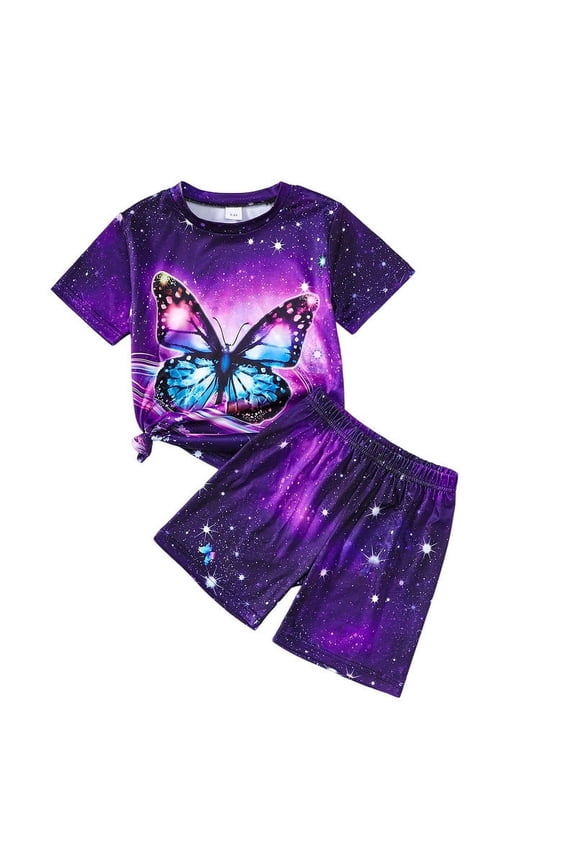Little Girls Clothes Starry Sky and Butterfly Pattern Printed T-shirt + Shorts Set 2PCs Spring Summer Big Kid Outfits
