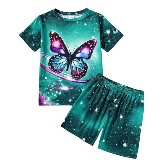 Little Girls Clothes Starry Sky and Butterfly Pattern Printed T-shirt + Shorts Set 2PCs Spring Summer Big Kid Outfits