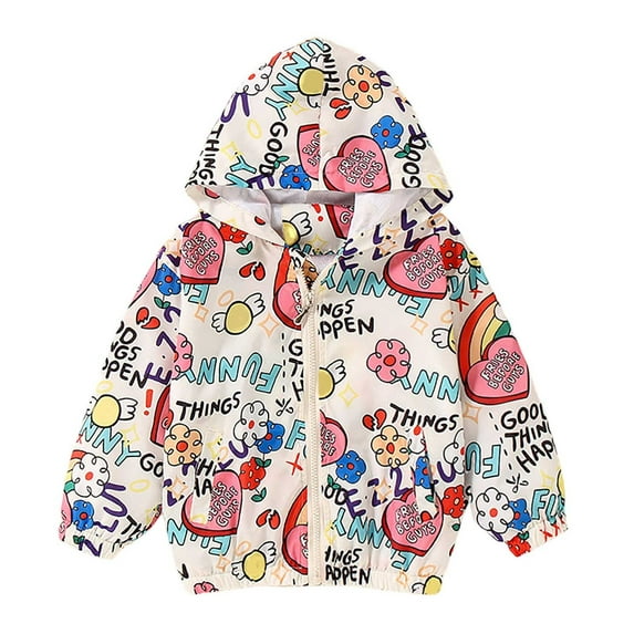 Little Girls Coat Children Fashion Cute Print Hooded Long Sleeve Jacket Zipper Hooded Windproof Windbreaker Outwear for Girl Size 6-7T