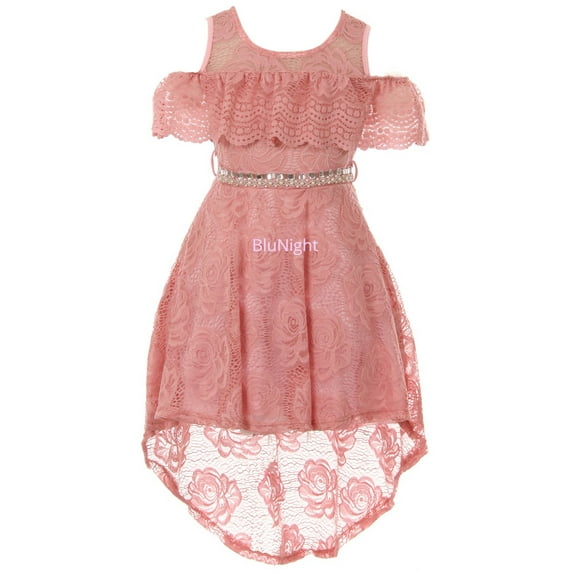 Little Girls Cold Shoulder Floral Lace Hi Lo Easter Wedding Bridesmaid Flower Girl Dress Rose 4 (2J1K7S6)