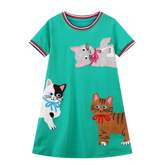 Little Girls Cotton Dress Short Sleeves Casual Summer Cartoon Cat Basic Shirt Jumpskirt Playwear Dresses 2Y