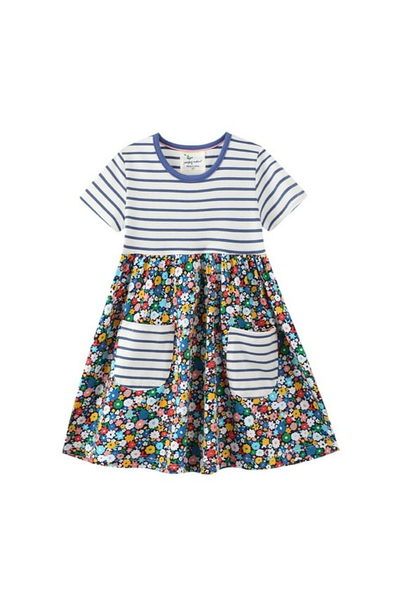 Little Girls Cotton Dress Short Sleeves Casual Summer Floral Basic Shirt Jumpskirt Playwear Dresses 6Y