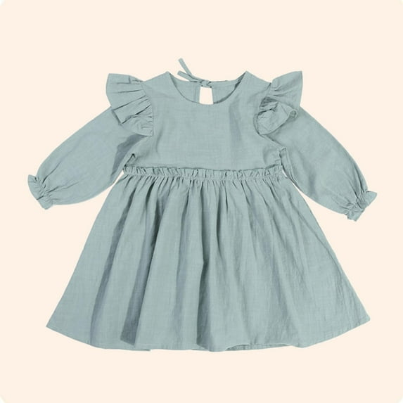 Little Girls Cotton Dresses Size 1-6 Toddlers Kids Cute Ruffle Long Sleeve Crewneck A-Line Solid Color Babydoll Dress