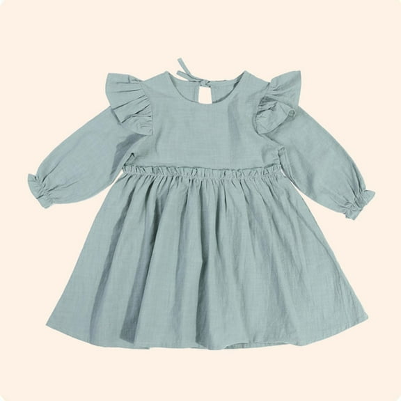 Little Girls Cotton Dresses Size 1-6 Toddlers Kids Cute Ruffle Long Sleeve Crewneck A-Line Solid Color Babydoll Dress