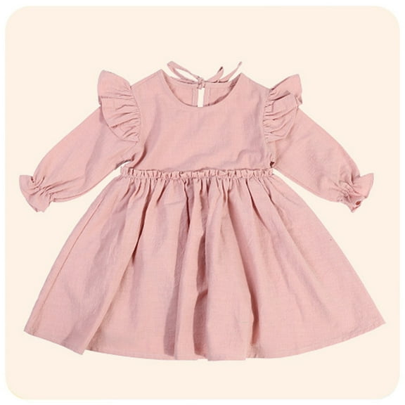 Little Girls Cotton Dresses Size 1-6 Toddlers Kids Cute Ruffle Long Sleeve Crewneck A-Line Solid Color Babydoll Dress
