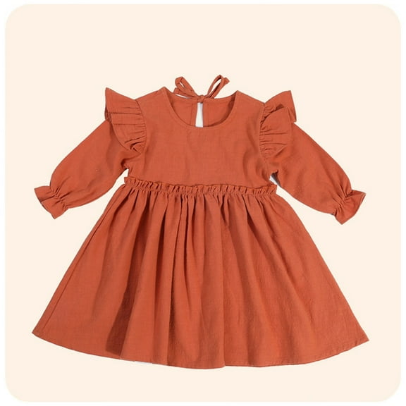Little Girls Cotton Dresses Size 1-6 Toddlers Kids Cute Ruffle Long Sleeve Crewneck A-Line Solid Color Babydoll Dress
