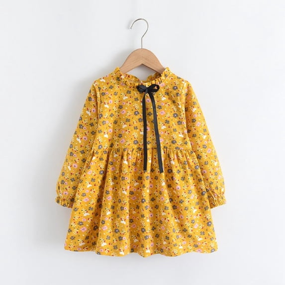 Little Girls Cotton Floral Dress Long Sleeve Ruffled Cute Spring Autumn Floral Printed Round Neck Bow Dresses