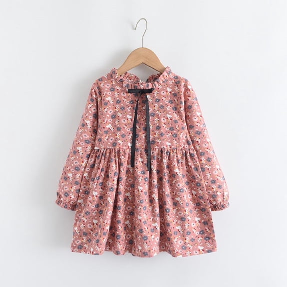 Little Girls Cotton Floral Dress Long Sleeve Ruffled Cute Spring Autumn Floral Printed Round Neck Bow Dresses