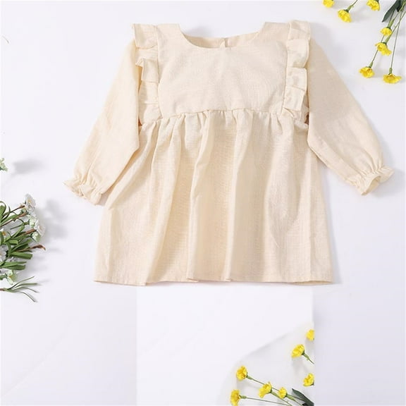 Little Girls Cotton Linen Dresses 2-8 Years Toddlers Kids Cute Long Sleeve Crewneck Solid Color Ruffle Pullover Peplum Dress