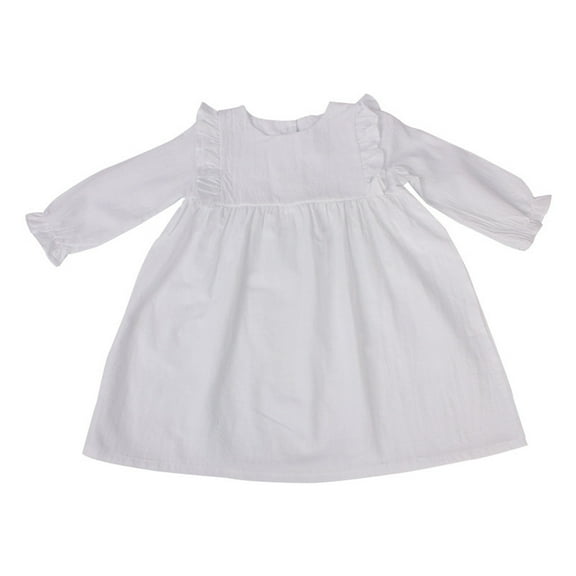 Little Girls Cotton Linen Dresses 2-8 Years Toddlers Kids Cute Long Sleeve Crewneck Solid Color Ruffle Pullover Peplum Dress