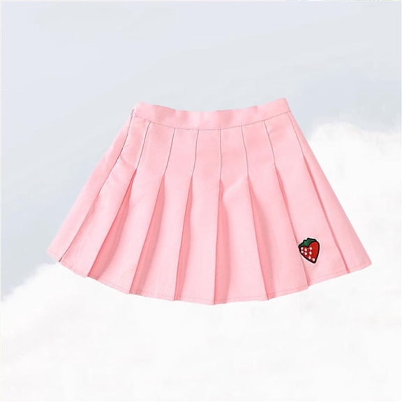 Little Girls Cotton Pleated Skirt - Pink Embroidered Strawberry, Elastic Waist Breathable 3-11Y, Casual School Daily Play Outfit,Size 9 T