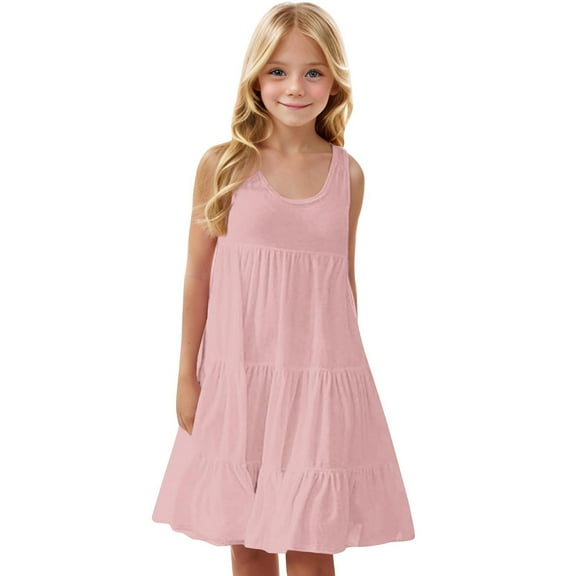 Little Girls Cute Dress New Sundresses for Girls 2025 Vacation Summer Beach Ruffle Dresses Casual Sleeveless Flowy Tshirt Dress Pinky 130