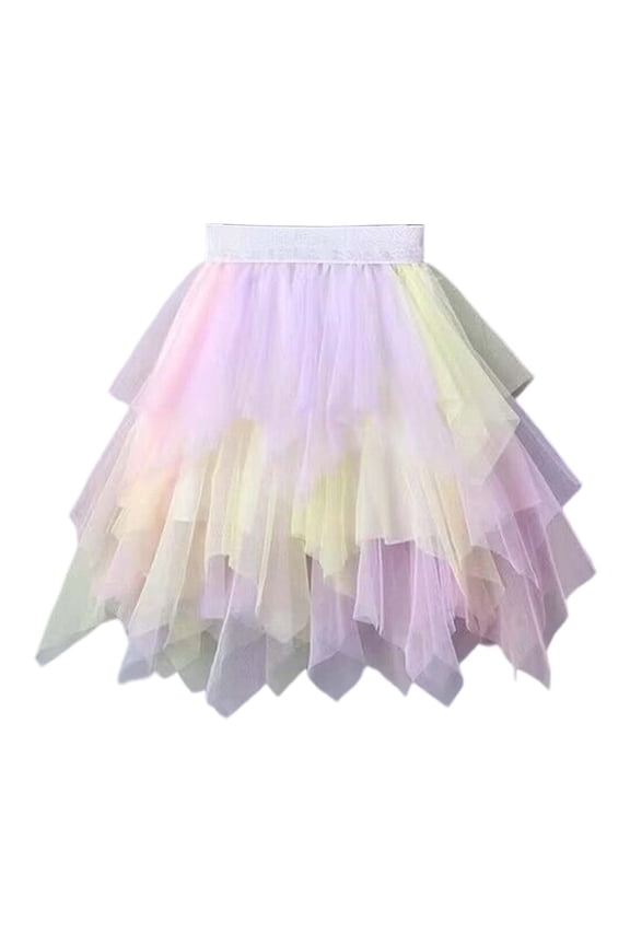 Little Girls Cute Summer Casual Uniform Skirts Tiered Dress With Asymmetric Hem And Rainbow Color Kids Flowy Skirts Size 8-9T