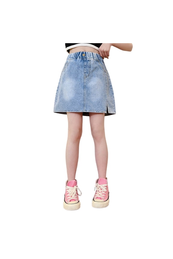 Little Girls Denim Skirt Stylish Skirt for Summer Fashion with Asymmetric Side Slit Casual A Line Midi Skirts Size 7-8T