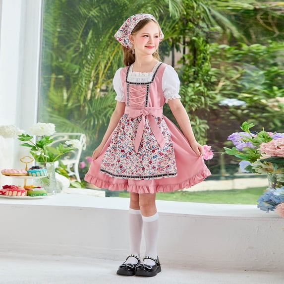Little Girls Dirndl Dress 5-14Y Puff Short Sleeve Floral Print Oktoberfest Costume Dress with Matching Head Scarf Pink 13-14 Years
