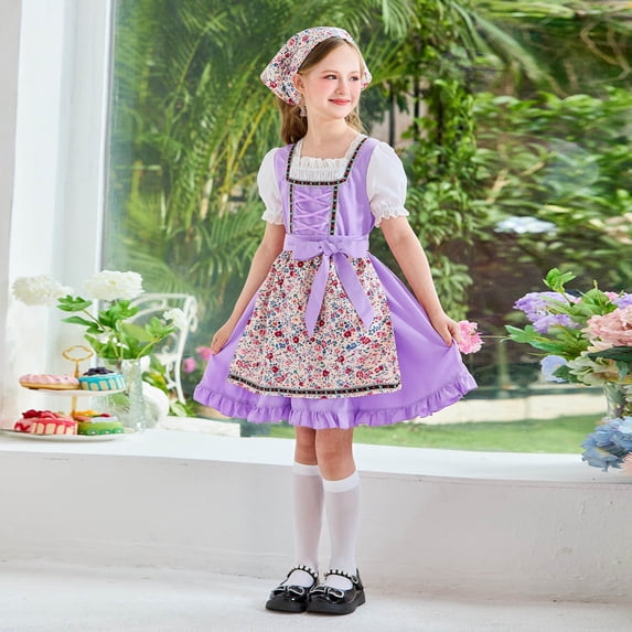 Little Girls Dirndl Dress 5-14Y Puff Short Sleeve Floral Print Oktoberfest Costume Dress with Matching Head Scarf Purple 5-6 Years