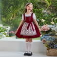 thumbnail image 1 of Little Girls Dirndl Dress 5-14Y Puff Short Sleeve Floral Print Oktoberfest Costume Dress with Matching Head Scarf Wine 5-6 Years, 1 of 9