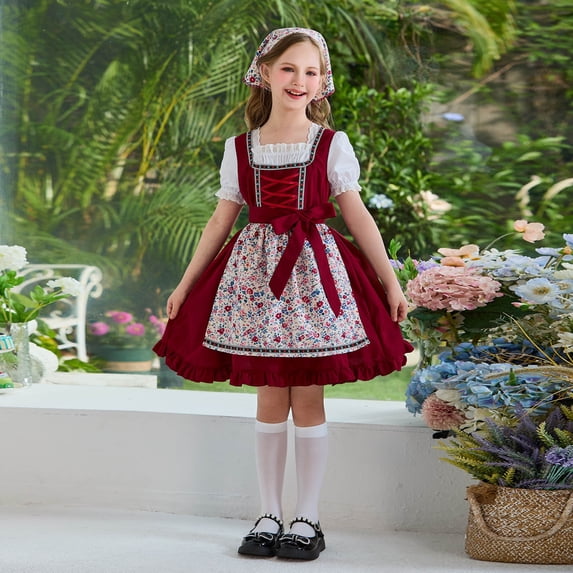 Little Girls Dirndl Dress 5-14Y Puff Short Sleeve Floral Print Oktoberfest Costume Dress with Matching Head Scarf Wine 5-6 Years