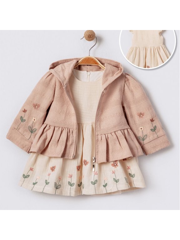 Little Girls' Dress - 2 Piece Set Pointelle and Embroidery Designed Outfit for Toddler Girls