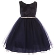 thumbnail image 1 of Little Girls Dress Embossed Floral Velvet Rhinestone Holiday Party Flower Girl Dress Navy 2 (K45D4), 1 of 4