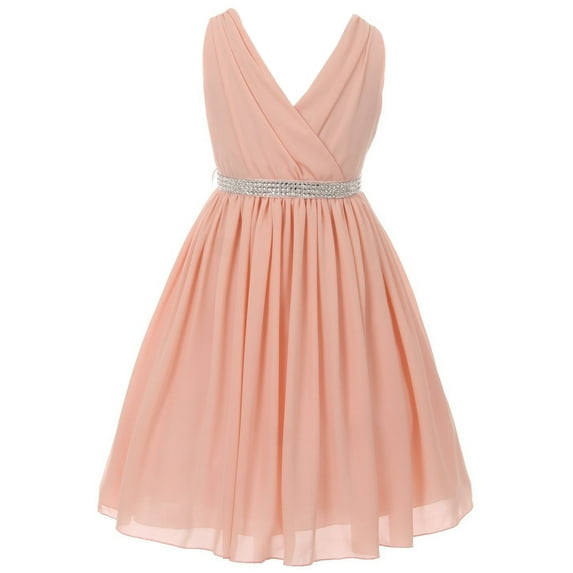 Little Girls Dress Shirring Chiffon V Neck Easter Birthday Flower Girl Dress USA Blush Size 4 (G35G61)