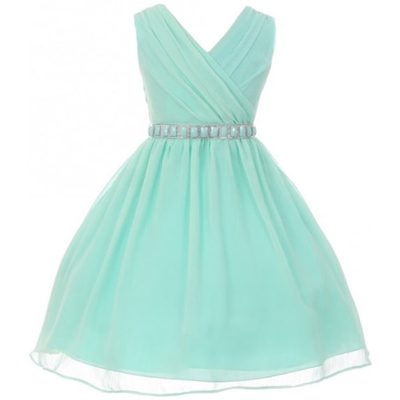 Little Girls Dress Sleeveless V Neck Cross Body Chiffon Party Flower Girl Dress Mint Size 4 (M37BK1)