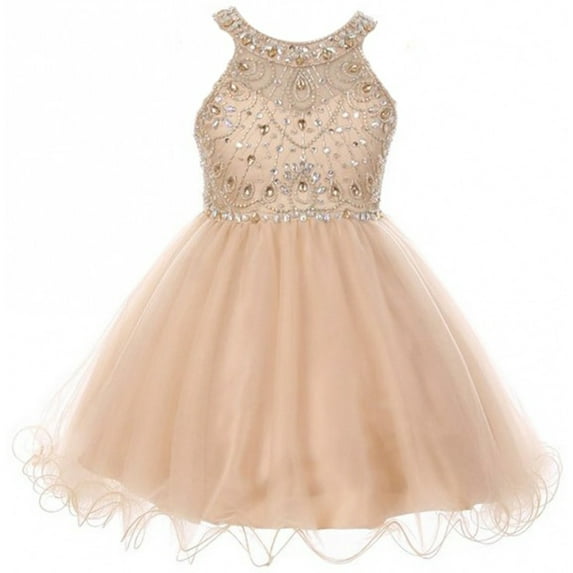Little Girls Dress Sparkle Rhinestones Holiday Christmas Party Flower Girl Dress Champagne Size 4 (M10BK50)