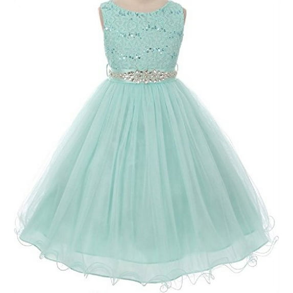 Little Girls Dress Sparkly Sequins Dress Detachable Rhinestone Crystal Sash Flower Girl Dress Mint 4 (M3B4K0CB)