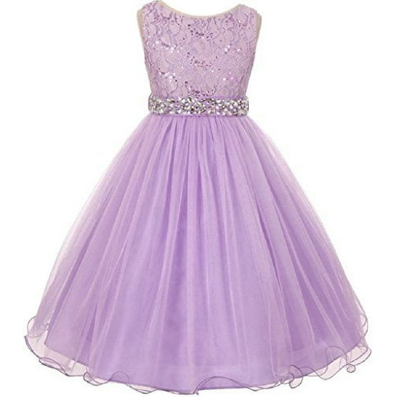 Little Girls Dress Wedding Pageant Sleeveless Lace Crystal Rhinestone Tulle Sash Flower Girl Dress Lilac 6 (M3B4K0)