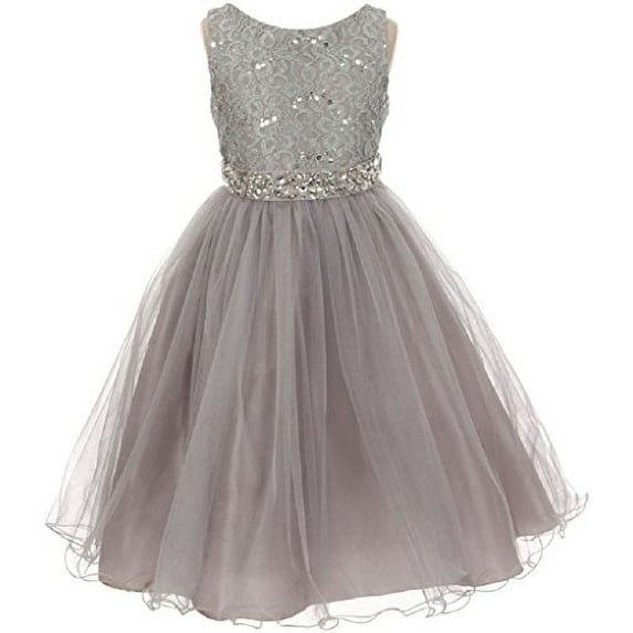 Little Girls Dress Wedding Pageant Sleeveless Lace Crystal Rhinestone Tulle Sash Flower Girl Dress Silver 4 (M3B4K0)