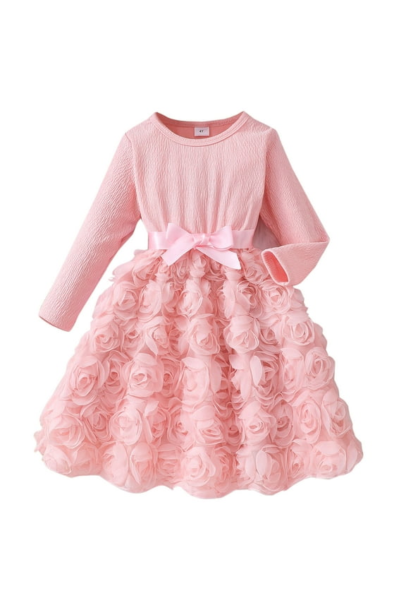 Little Girls Dresses Autumn Long Sleeve Crew Neck Rose Ruffle Princess A Line With Belt Dress Fall Clothes Size 7-8T