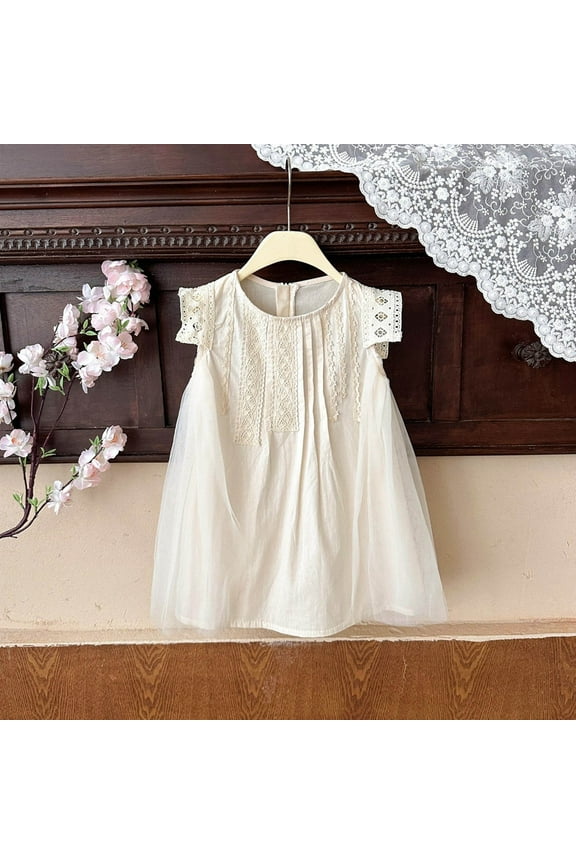 Little Girls Dresses 2025 Size 1-11 Toddlers Kids Casual Solid Color Pullover Crewneck Cap Sleeve Tulle-Splice Summer Dress