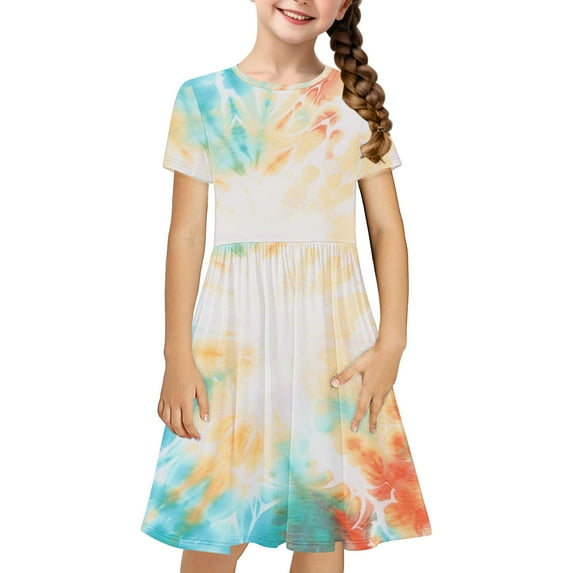 Little Girls Dresses Casual Flowy Swing Graphic Dresses Short Sleeve Floral Print Cute Princess Dresses