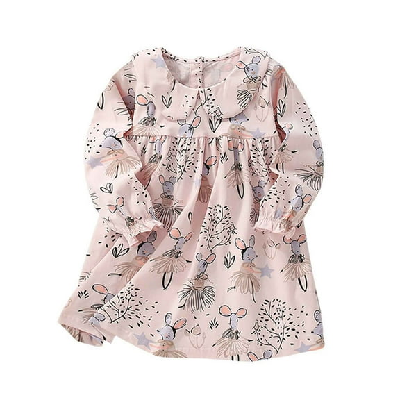 Little Girls Dresses Floral Print Long Sleeve Dress With Collar Kids Casual Party Wear Clothing Light Pink Size 7-8T