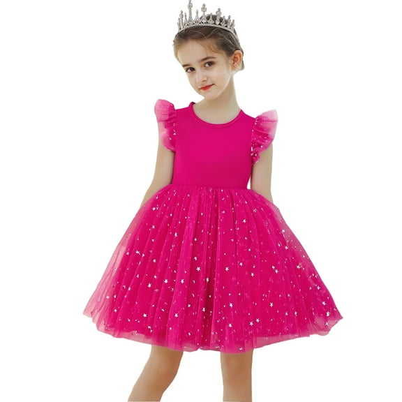 Little Girls Dresses Fly Sleeve Casual Flexibility Sequin Princess Dress Clothes for Kids Size 7-8T