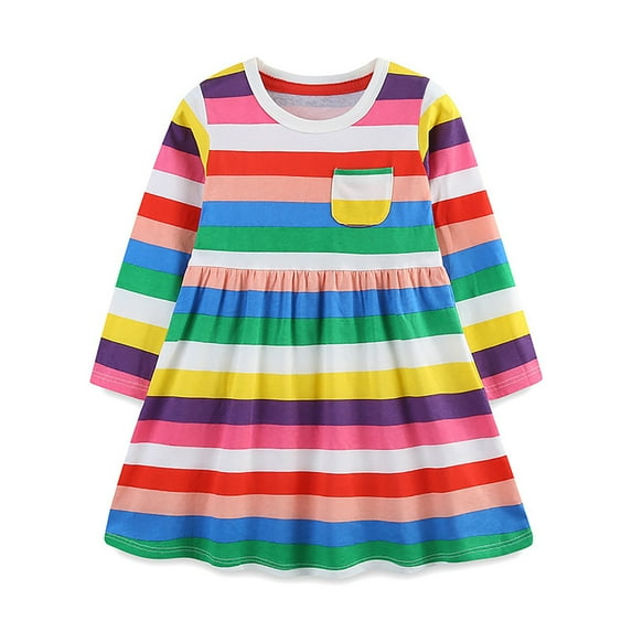 Little Girls Dresses Kids Long Sleeve Rainbow Stripe Prints Princess Dance Party Dress Fall Clothes Size 6-7T