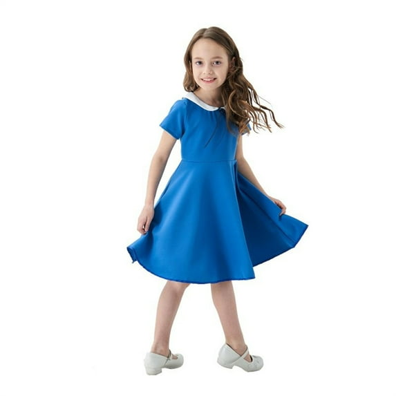 Little Girls Dresses Short Sleeve Solid Color Peter Pan Collar School Dress Spring Elegant Dress