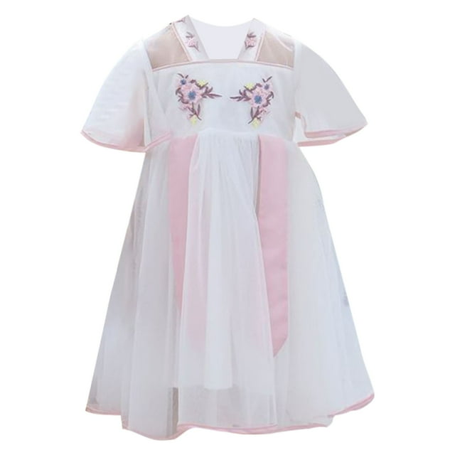 Little Girls Dresses Size 6 Years7 Years Summer Flower Embroidery Antique Hanfu Mesh Stitching