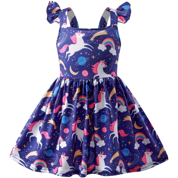 Little Girls Dresses Unicorn Casual Ruffled Sleeve Swing Summer Pony Rainbow Dress Toddler Birthday Party Sundress 2-3 Years