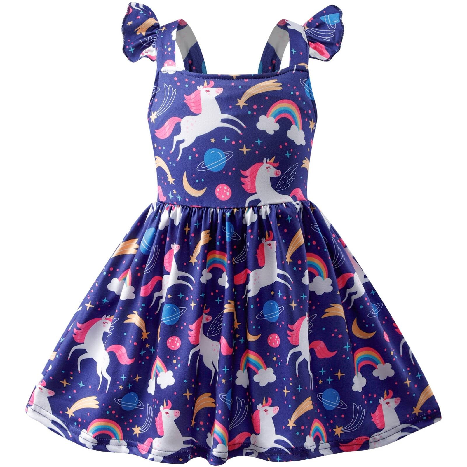 Little Girls Dresses Unicorn Casual Ruffled Sleeve Swing Summer Pony Rainbow Dress Toddler Birthday Party Sundress 5-6 Years