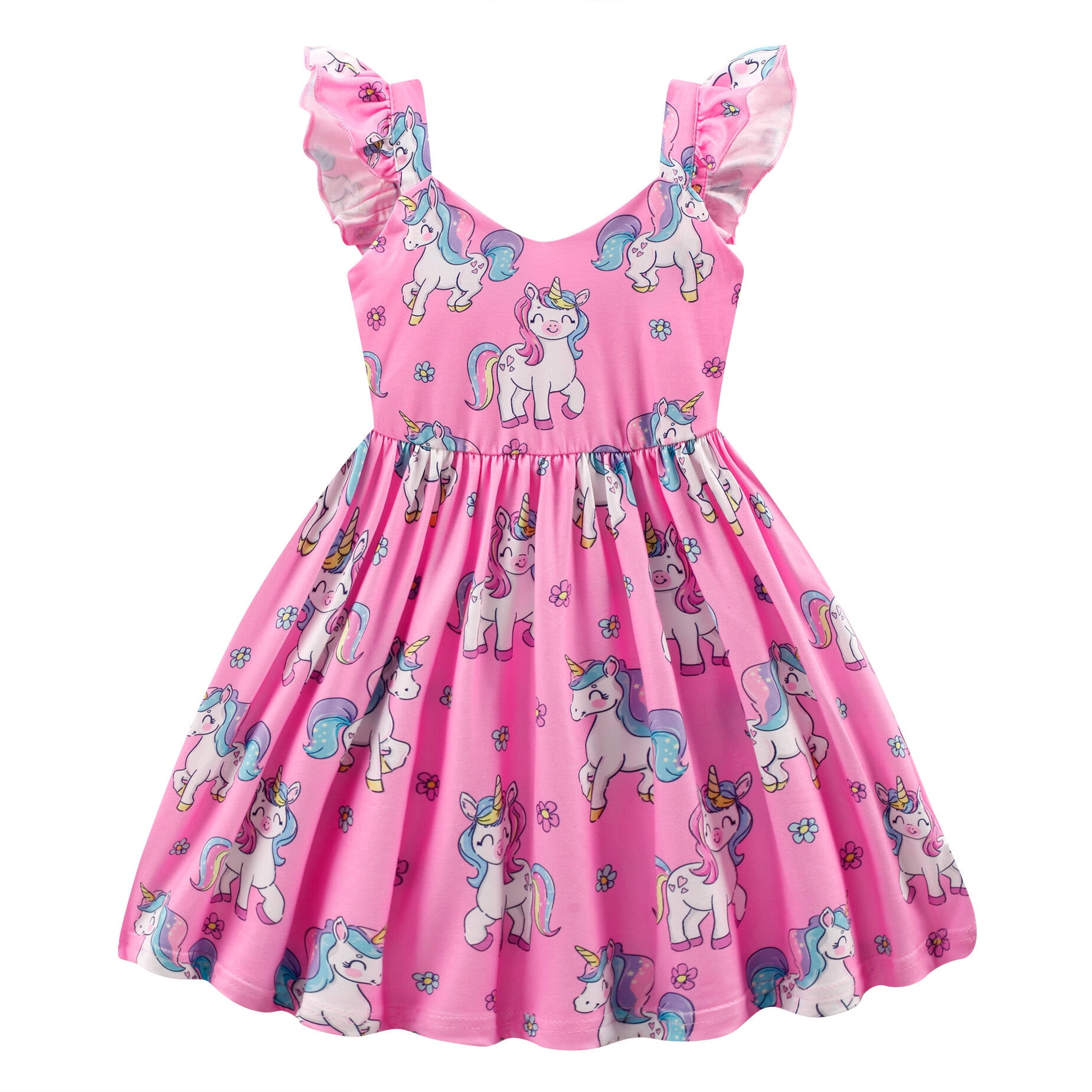 Little Girls Dresses Unicorn Print Pink Dress Backless Flutter Sleeve ...