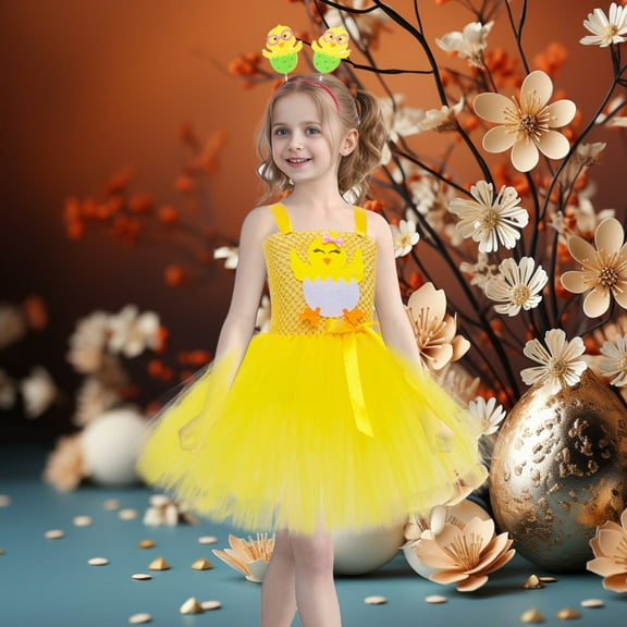Little Girls Easter Dresses Kids Girls Easter Outfit Chick Holiday Party Tutu Dress and Hair Hoop Halloween Dress Up Tea Party Dresses for Girls 5-6 Years