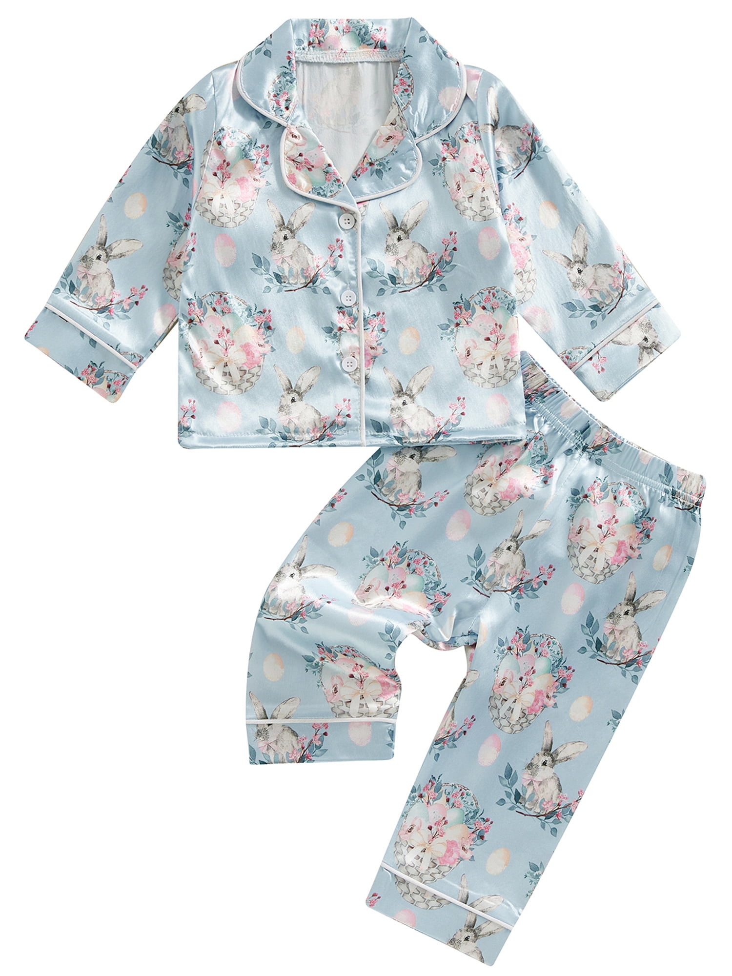 Little Girls Easter Pajamas Set Bunny Floral Print Button Shirt Pants