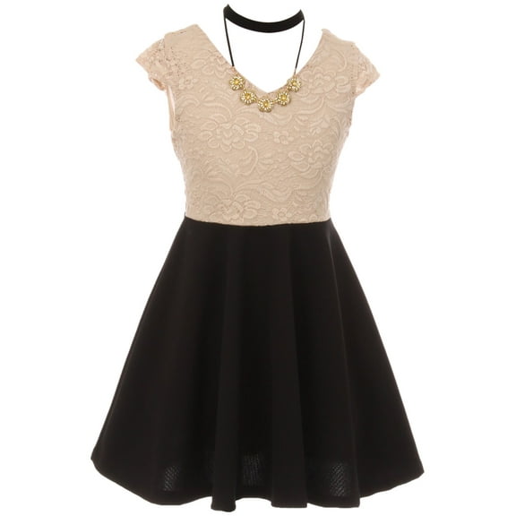 Little Girls Elegant Cap Sleeve Floral Lace Top Neckband Easter Party Flower Girl Dress Beige Blue 4 (2J1K0S7)