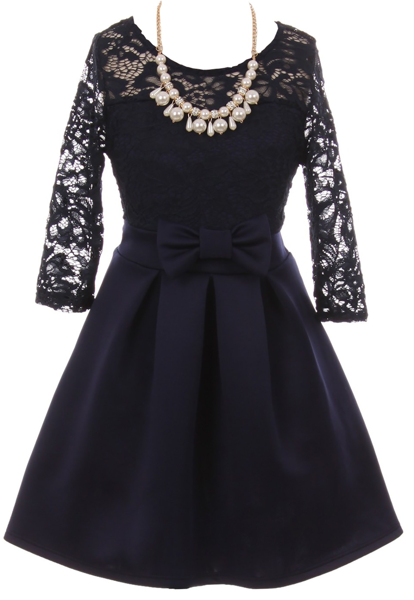 Little Girls Elegant Floral Lace Illusion Top Pearl Necklace Holiday Flower Girl Dress Navy Blue 6 (2J1K0S4) - image 1 of 4
