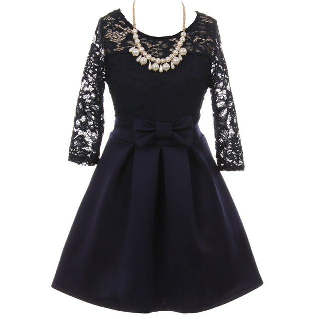 Little Girls Elegant Floral Lace Illusion Top Pearl Necklace Holiday Flower Girl Dress Navy Blue 6 (2J1K0S4)