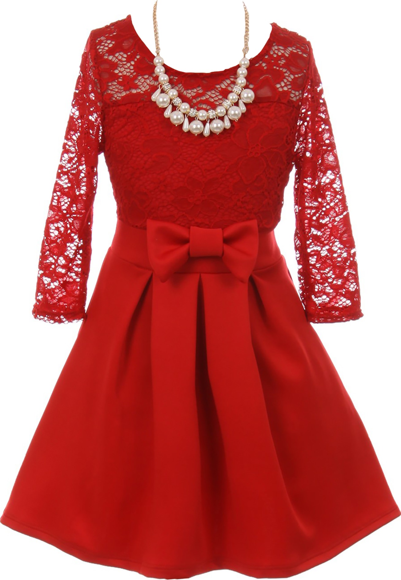 Little Girls Elegant Floral Lace Illusion Top Pearl Necklace Holiday Flower Girl Dress Red 4 (2J1K0S4) - image 1 of 4