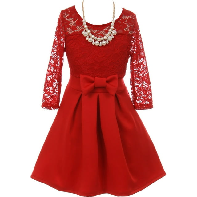 Little Girls Elegant Floral Lace Illusion Top Pearl Necklace Holiday Flower Girl Dress Red 4 (2J1K0S4)